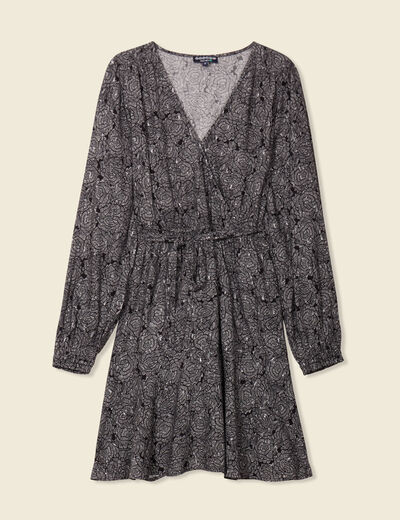 Robe droite courte col v manches longues noir femme