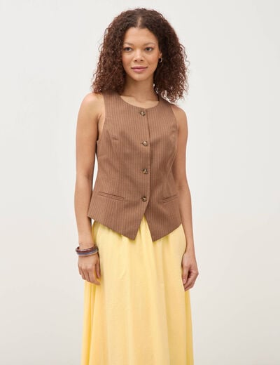 Gilet sans manches col rond doubl&eacute; marron femme