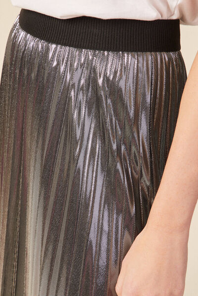 Jupe midi évasée plissée gris argent femme