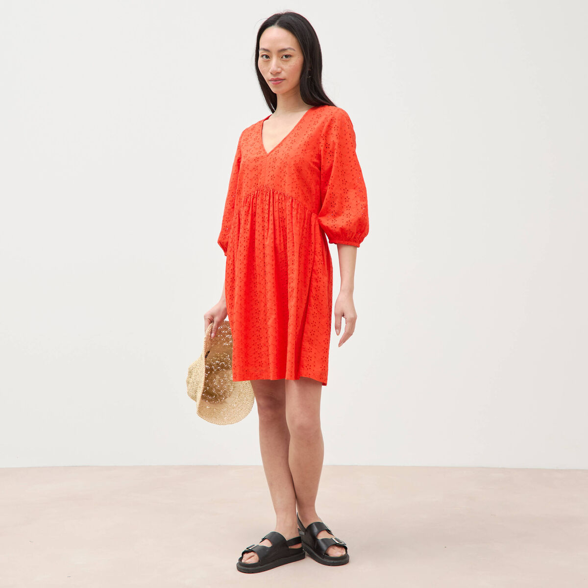 Robe droite courte col v manches 3/4 orange fonc&eacute; femme