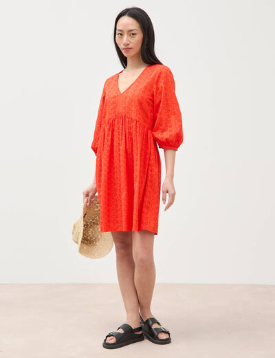 Robe droite courte col v manches 3/4 orange fonc&eacute; femme
