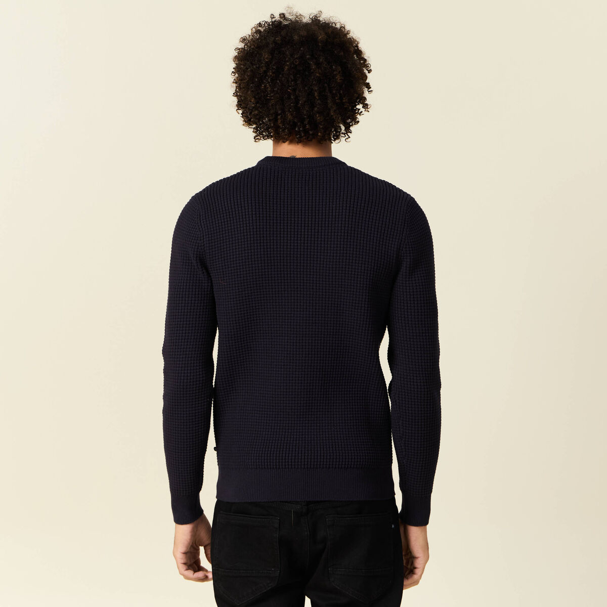 Pull manches longues col rond bleu fonc&eacute; homme