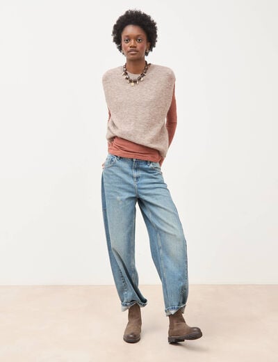 Pull droit court sans manches col rond marron clair femme