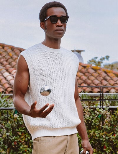 Pull sans manches col rond en coton ecru homme