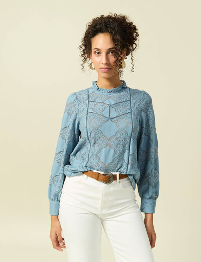 Blouse cintr&eacute;e dentelle manches longues gris femme