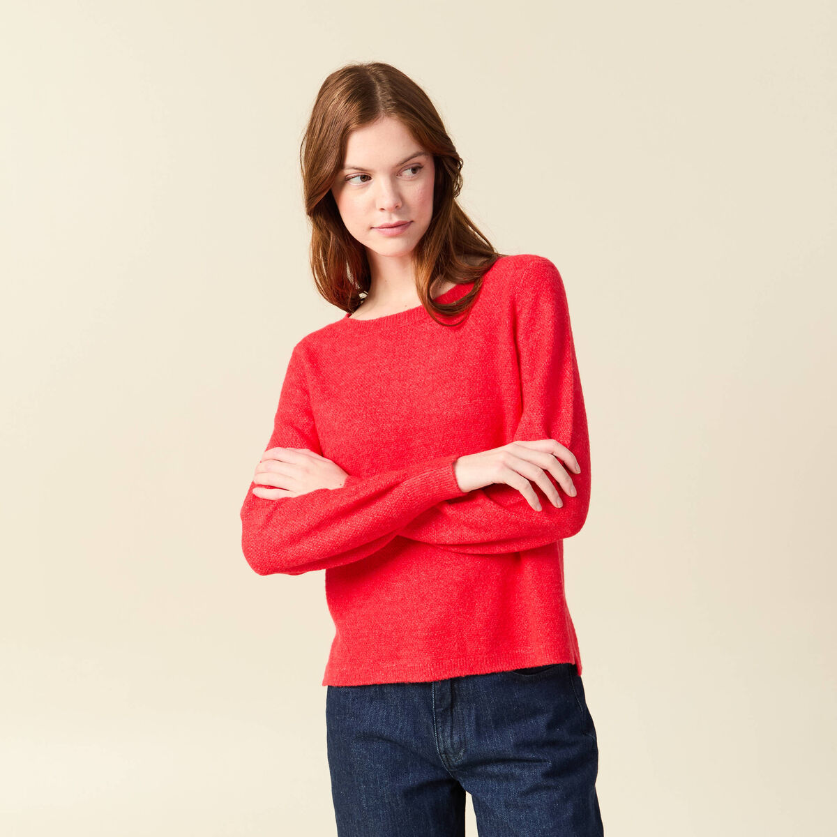 Pull col bateau manches longues rouge femme