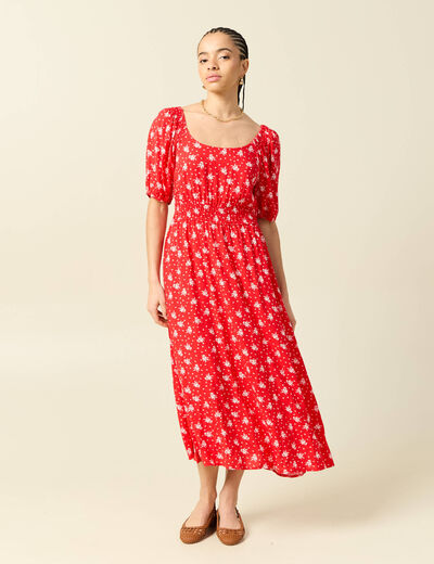 Robe longue &eacute;vas&eacute;e manches courtes rouge femme