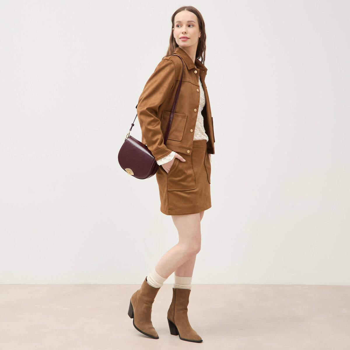 Blouson manches longues col classique marron femme