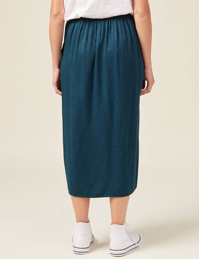 Jupe midi droite fendue satin bleu canard femme