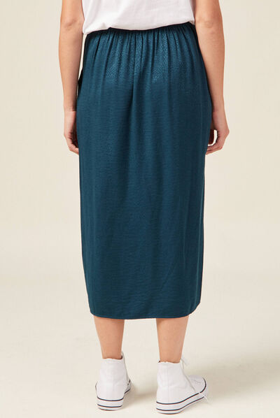 Jupe midi droite fendue satin bleu canard femme