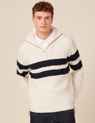 Pull col camionneur zippé ecru homme