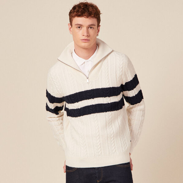 Pull col camionneur zippé ecru homme