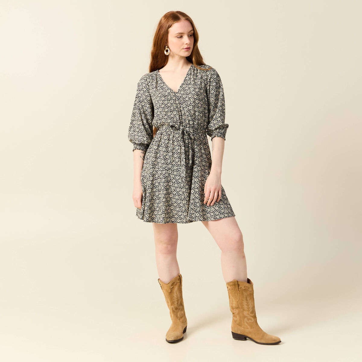 Robe évasée fluide manches 3/4 noir femme