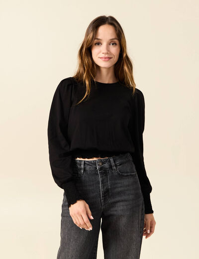 T-shirt manches longues smocké noir femme