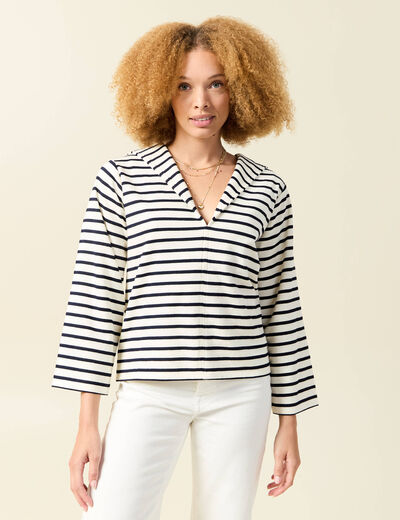 T-shirt col V manches longues ecru femme