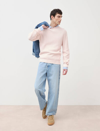 Pull col rond manches longues en coton rose poudr&eacute;e homme