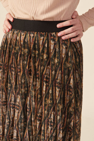 Jupe longue évasée plissée camel femme