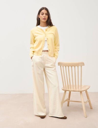 Pantalon large taille haute ceinture ivoire femme