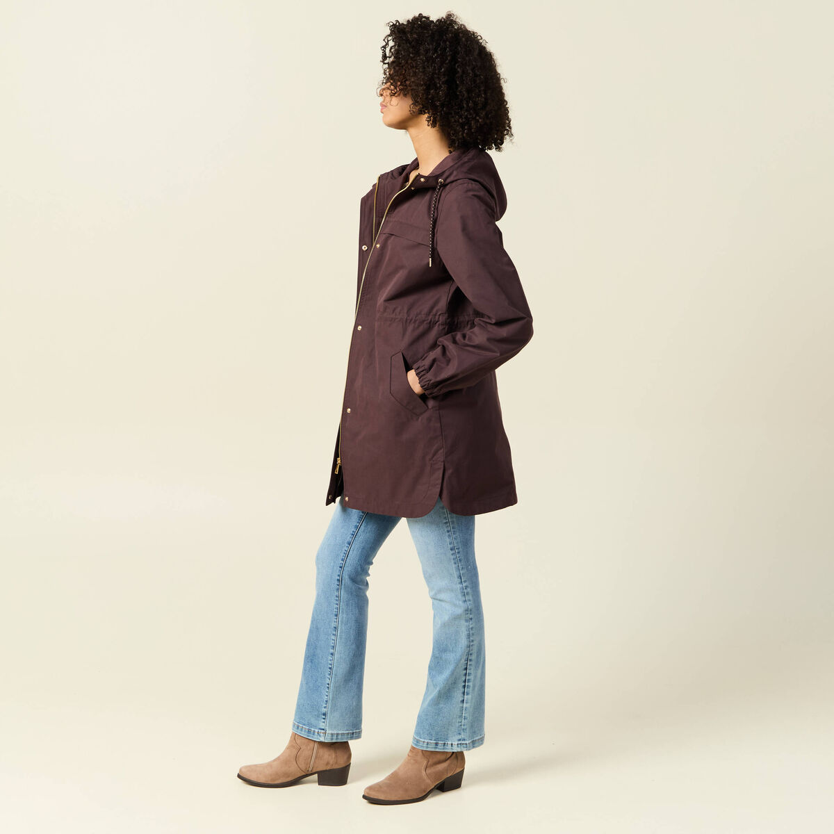 Parka longue à capuche marron foncé femme