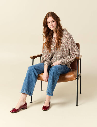 Blouse droite courte manches longues marron femme