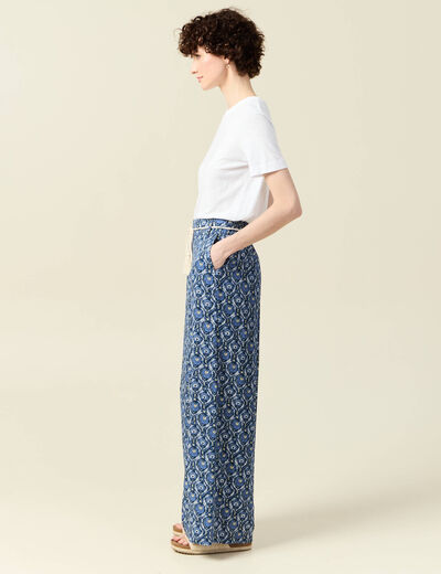 Pantalon large ceinturé bleu femme