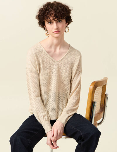 Pull manches longues ajouré creme femme