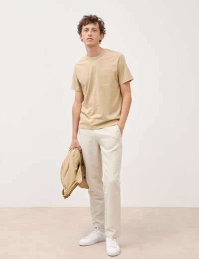 T-shirt col rond manches courtes brod&eacute; blanc homme