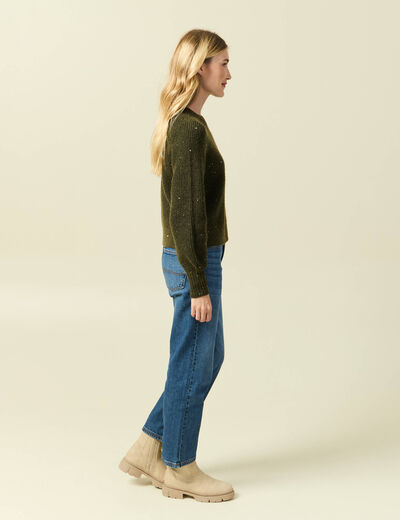 Pull manches longues col rond &agrave; sequins vert kaki femme