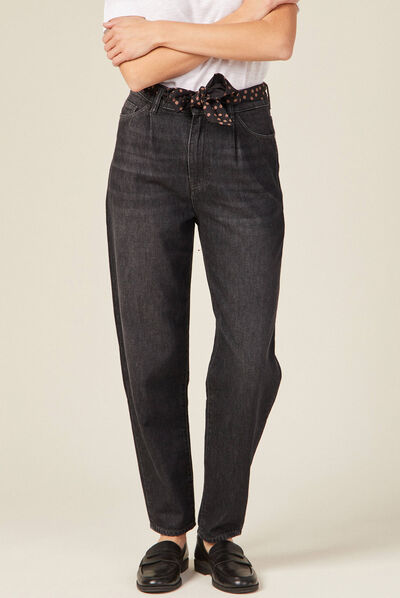 Jeans slouchy ceinturé denim noir femme