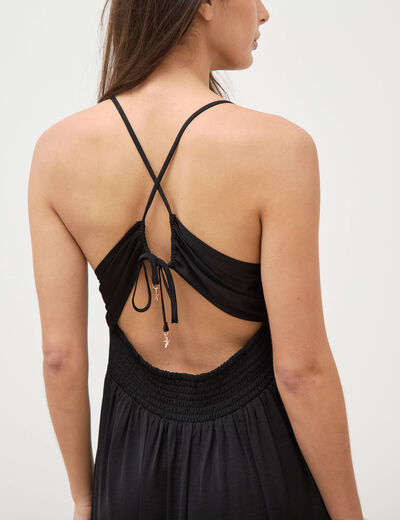 Robe satin&eacute;e bretelles col v noir femme