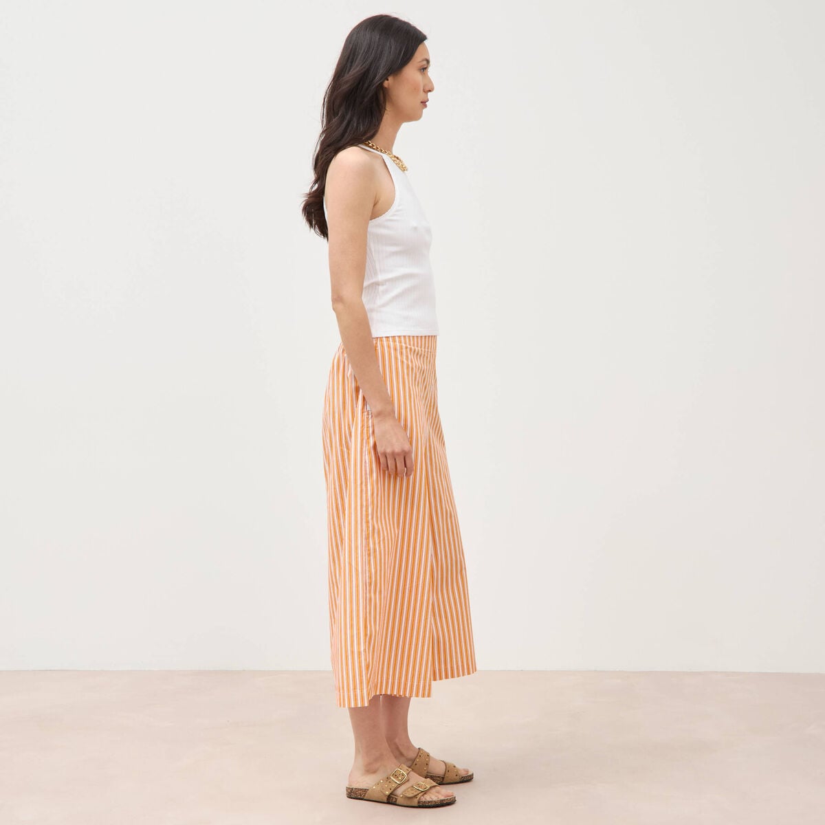 Pantalon large taille haute 3/4 en coton orange abricot femme