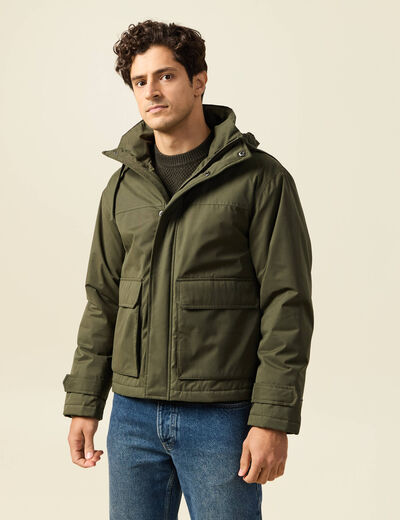 Parka droite courte &agrave; capuche vert kaki homme
