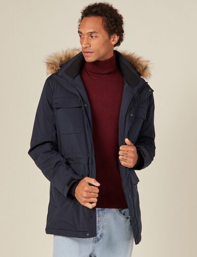 Parka droite à capuche bleu foncé homme