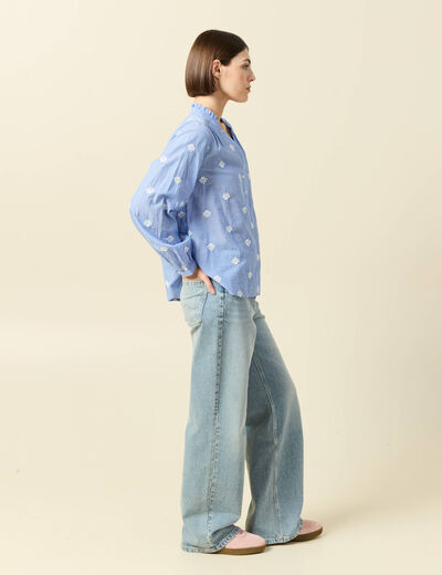Blouse manches longues en coton brod&eacute; bleu gris femme
