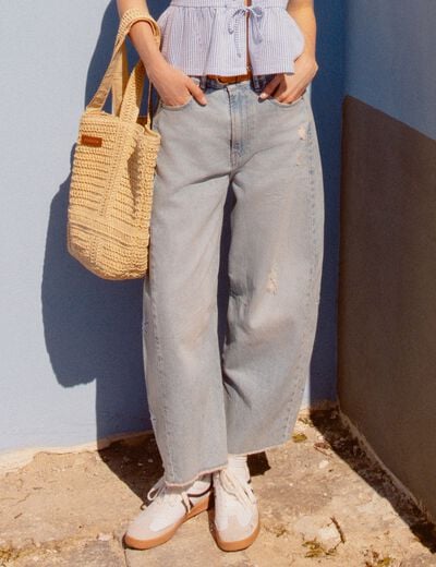 Jeans slouchy brodé 7/8ème denim bleach femme