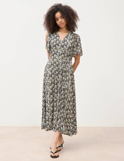 Robe fluide col v manches courtes noir femme