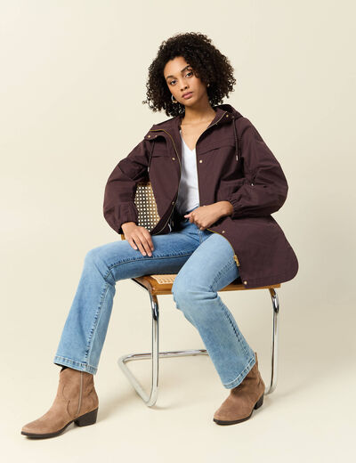 Parka longue à capuche marron foncé femme