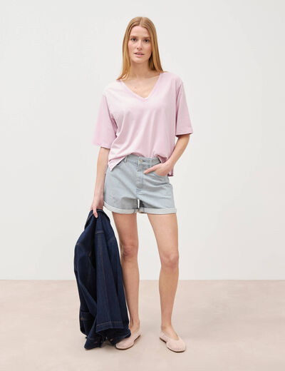 T-shirt col v manches courtes en coton parme femme
