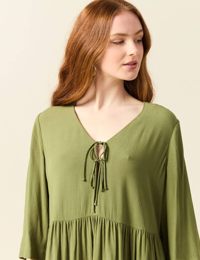 Robe évasée manches 3/4 vert kaki femme