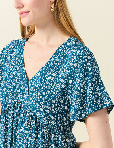Robe évasée manches courtes bleu femme