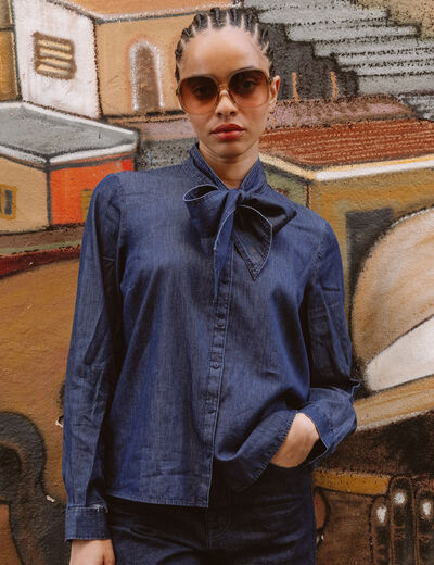 Chemise &agrave; pans manches longues en coton denim stone femme