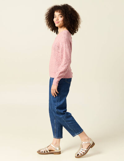 Gilet ajour&eacute; col V manches longues rose pastel femme