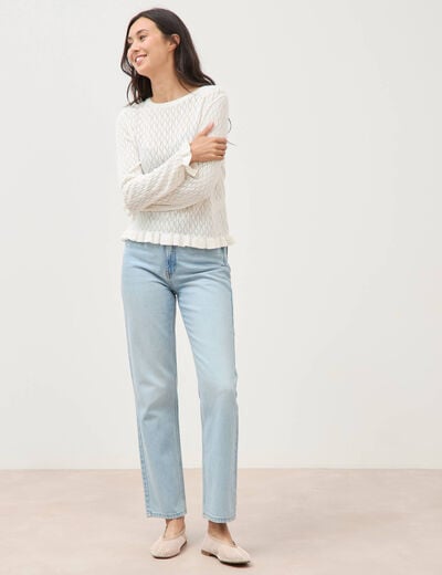 Pull ajour&eacute; col rond manches longues ecru femme