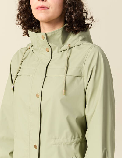 Parka longue droite d&eacute;perlante &agrave; capuche vert kaki femme