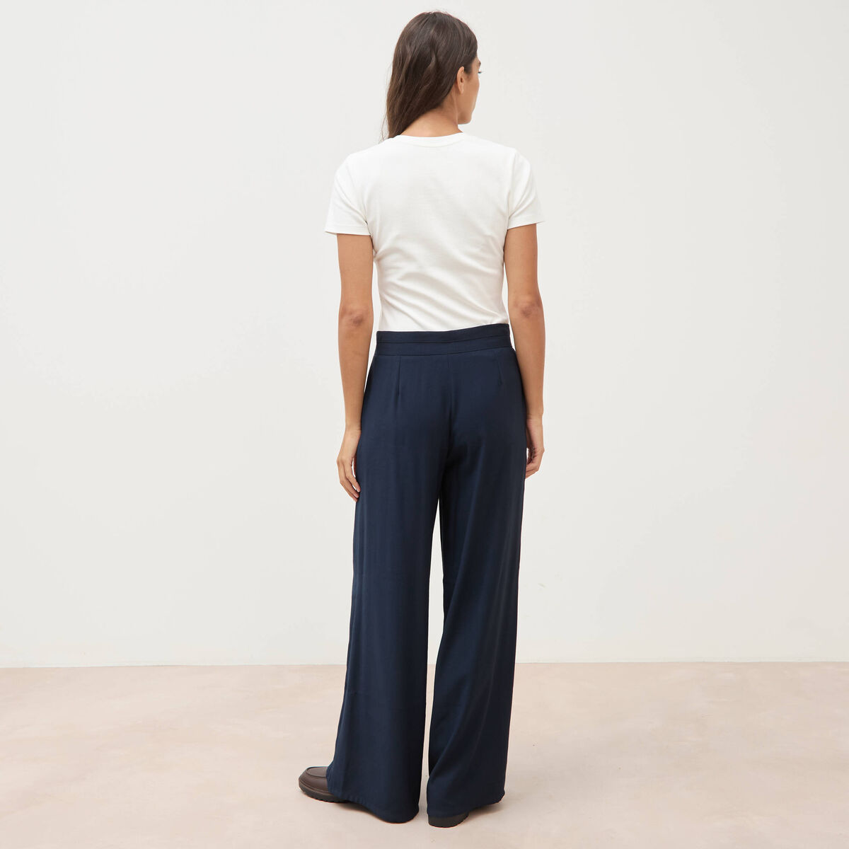 Pantalon large taille haute ceinture bleu fonc&eacute; femme
