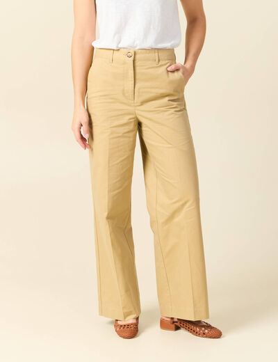 Pantalon large taille haute beige femme