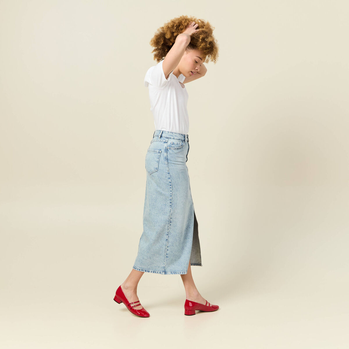 Jupe midi droite en jean denim bleach femme