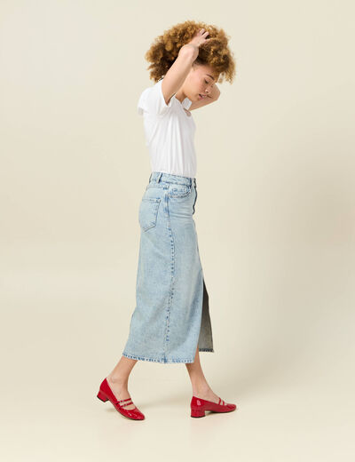 Jupe midi droite en jean denim bleach femme
