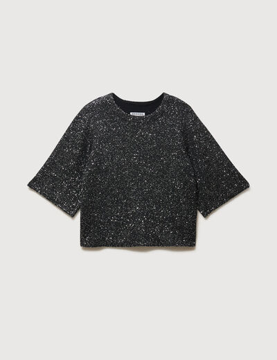 Pull manches courtes col rond brillant noir femme
