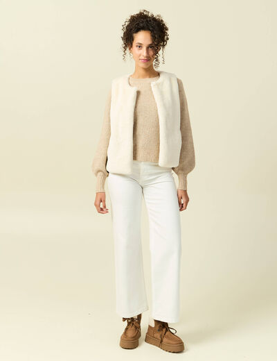 Pull manches longues col rond &agrave; sequins creme femme